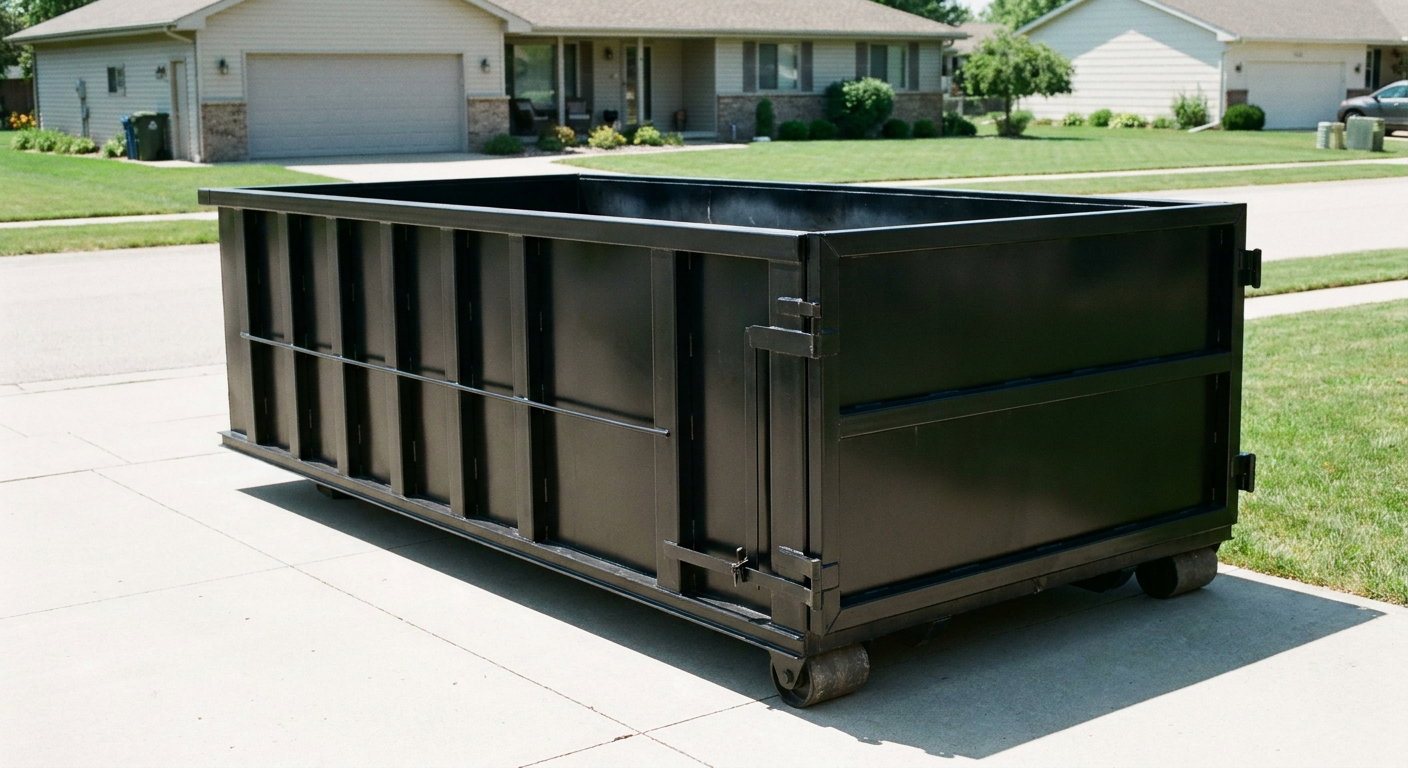 Matte-black 10-yard roll-off dumpster on a residential concrete driveway in Springfield, uniformly painted matte black across every panel and rail, ribbed steel sidewalls and rear swing door visible, mid-day daylight.