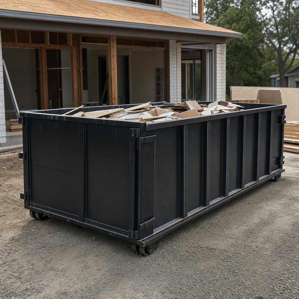 Large matte-black 30-yard construction roll-off dumpster at an active Springfield jobsite, steel-gray top rails and bottom rollers visible, loaded with construction debris.