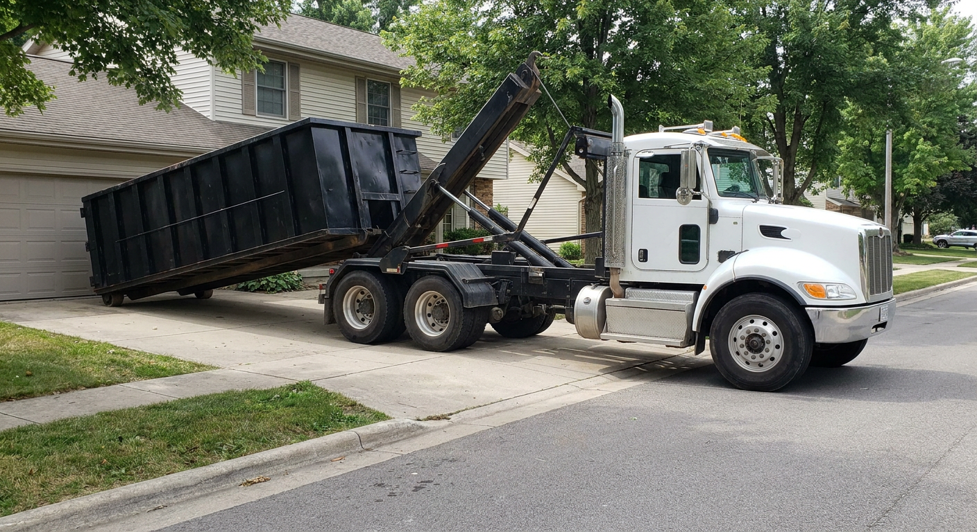 White-cab hooklift roll-off truck actively lowering a matte-black dumpster onto a Springfield residential concrete driveway, the dumpster's rear wheels touching the driveway as the hoist arm tilts the bed forward, mid-morning daylight.