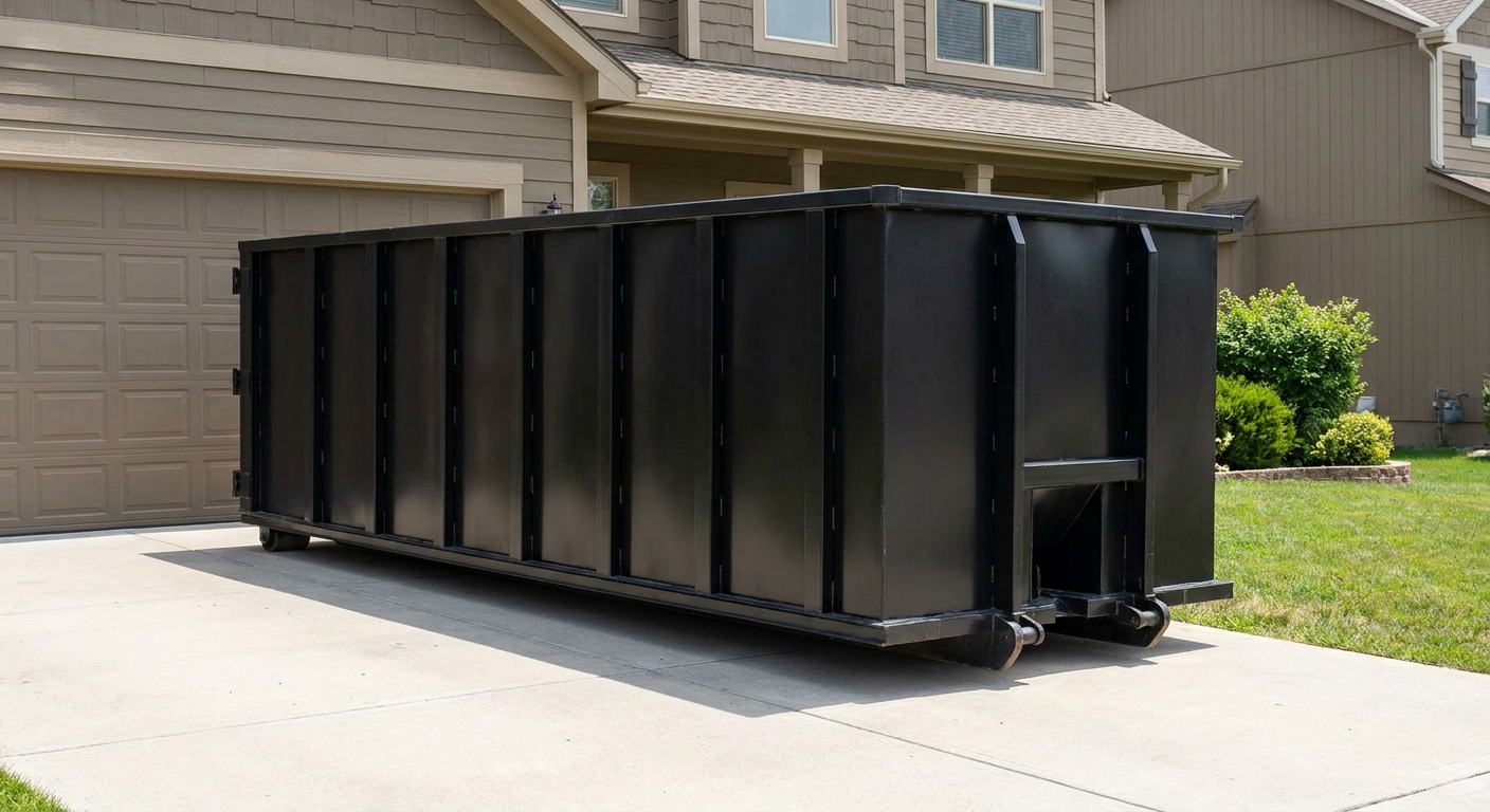 Matte-black residential roll-off dumpster sitting directly on a suburban Springfield concrete driveway, garage door closed, single-family home in background, bright morning daylight.