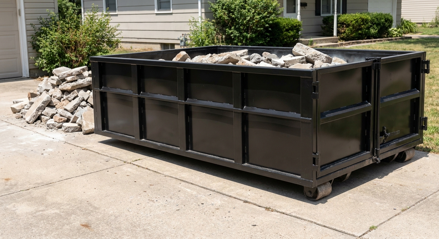A matte-black low-side heavy-debris roll-off dumpster placed directly on a Springfield concrete driveway, with broken concrete chunks neatly stacked beside it under clean daylight.